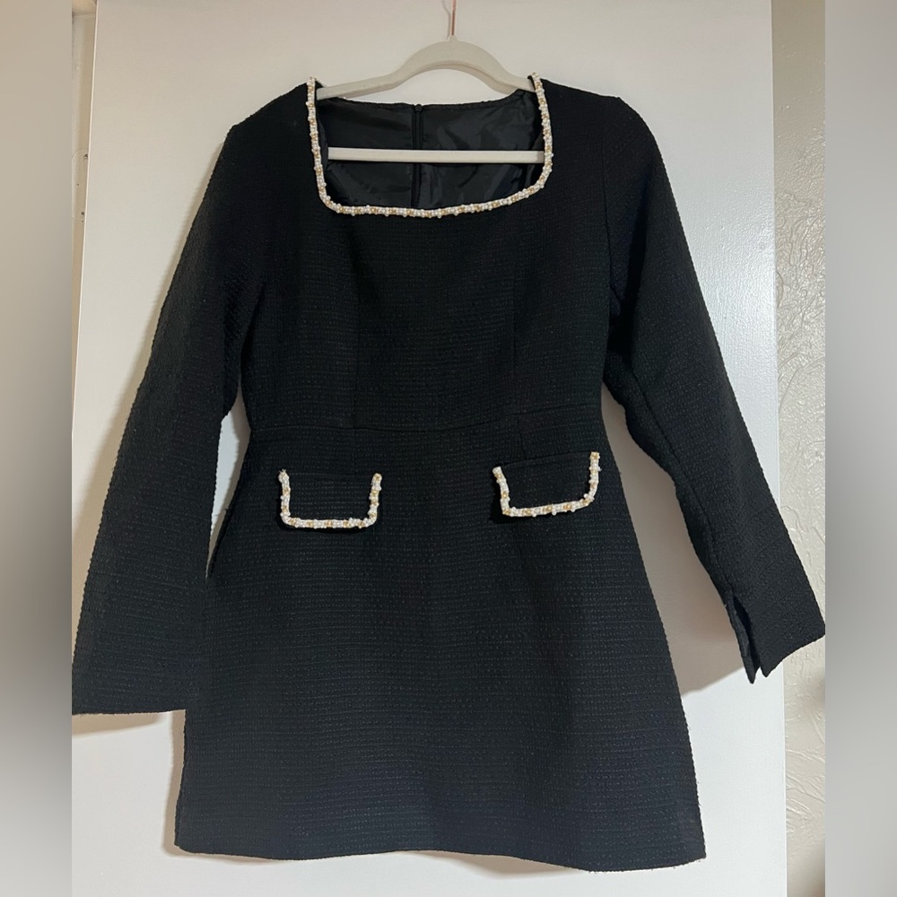 Elegant Black Dress with Pearl  Trim